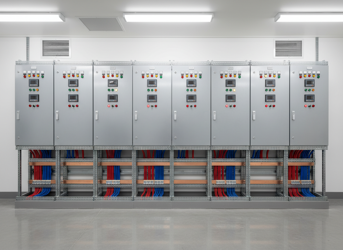 A pristine industrial electrical control panel wall, featuring neatly arranged grey metal cabinets with lockable doors, digital meters, and colored indicator lights. Heavy-duty power busbars and insulated cables emerge from the bottom, routed through metallic cable trays with immaculate organization. The scene is set in a spotless, modern factory utility room with polished concrete floors and white painted walls. Cool, even overhead LED lighting creates crisp reflections on the enclosures and subtle shadows around ventilation grilles. Photographic realism from a straight-on, eye-level perspective, with sharp focus throughout the frame, conveys precision, reliability, and professional installation quality, ideal as a hero image for an electrical equipment solutions provider.