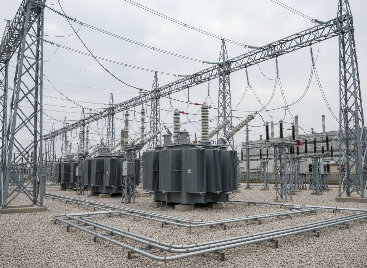A wide, photographic view of an outdoor electrical substation supplying power to an industrial complex. Multiple steel lattice structures support high-voltage lines, while rows of grey power transformers, ceramic insulators, and circuit breakers sit on a bed of crushed gravel. Heavy gauge cables run through raised cable trays and conduit, leading toward distant factory buildings. The sky is bright but slightly overcast, providing soft, diffused daylight that reduces harsh shadows while still creating defined highlights on metal and porcelain surfaces. Shot from a slightly low angle to emphasize scale and infrastructure importance, the composition is balanced and orderly, conveying reliability, large-scale power distribution, and the backbone role of electrical equipment in industry.