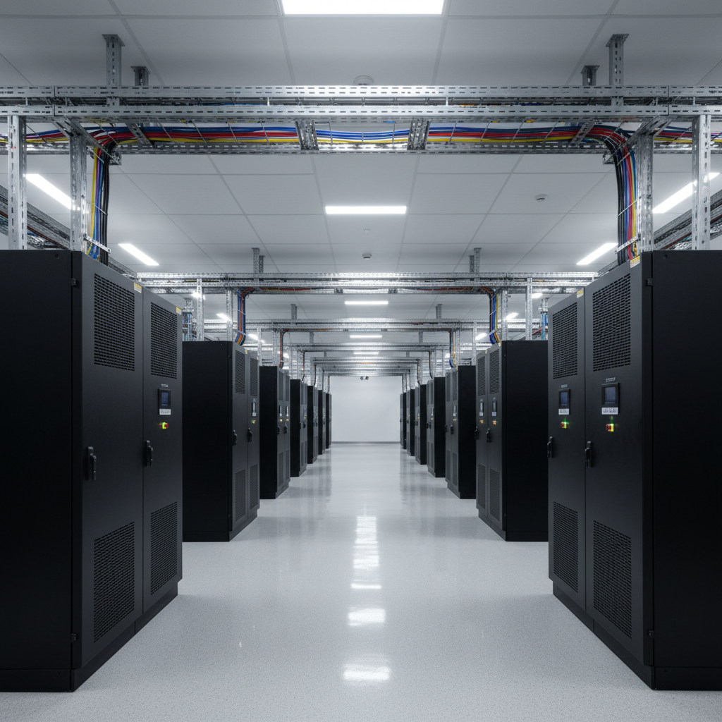 A high-end data center electrical room showcasing redundant uninterruptible power supply (UPS) systems and battery cabinets lined up in perfect symmetry. Matte black and dark grey enclosures with ventilation grills and status indicators dominate the scene, while thick, color-coded power busways run overhead in enclosed metallic tracks. The polished light-grey floor subtly reflects the equipment. Cool white LED strip lighting in the ceiling creates a bright, evenly lit environment with minimal shadowing. Photographed from a central, eye-level position down the aisle, the image has strong linear perspective and sharp focus, reinforcing a mood of reliability, critical power continuity, and cutting-edge infrastructure essential for modern industry and technology.