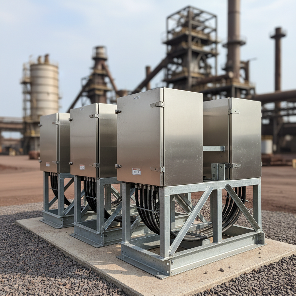 A close, photographic shot of a rugged outdoor motor control center (MCC) installation at a heavy industrial site. Multiple weatherproof stainless steel enclosures with gasketed doors are mounted on a galvanized steel support frame above a concrete pad, with armored cables entering through sealed glands at the bottom. The ground is covered in compacted gravel and the background shows faint outlines of large process equipment, deliberately blurred. Natural daylight under a bright but lightly clouded sky provides balanced, soft lighting that highlights the brushed metal textures and clean cable routes. Framed at a three-quarter angle with strong depth of field, the mood is robust, durable, and field-ready, emphasizing reliable electrical control solutions for demanding outdoor environments.