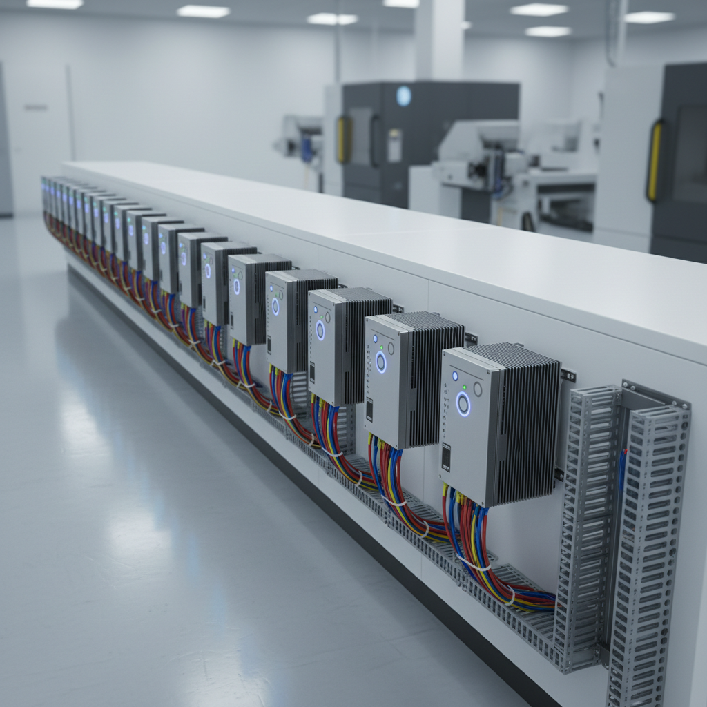 A modern manufacturing facility interior showcasing a long row of compact variable frequency drives and motor control units mounted on a pristine white equipment rack. Each unit features metallic housings, heatsink fins, and small status LEDs glowing softly. Thick, color-coded cables are carefully bundled and routed through side-mounted wire ducts. The environment includes smooth, light-reflective epoxy floors and neutral walls, with a few large, out-of-focus industrial machines in the background. Cool, diffused overhead lighting provides uniform illumination with gentle reflections on metal surfaces. Shot at a slightly elevated angle with moderate depth of field, the image creates a clean, high-tech, and efficient mood that highlights intelligent motor control solutions without any visible people or text.