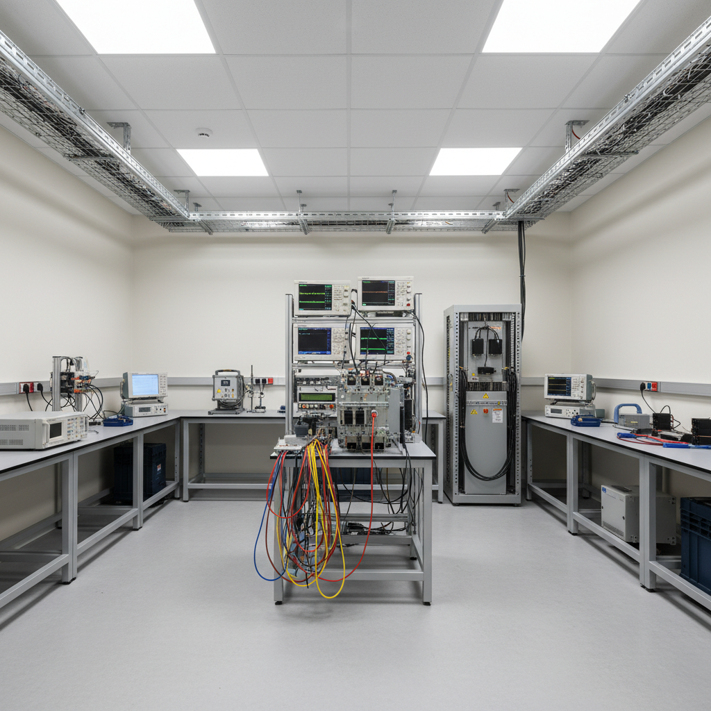 A clean, organized electrical equipment testing laboratory with several heavy-duty power analyzers, oscilloscopes, and load banks arranged on robust, grey metal benches. On the central bench, a large industrial circuit breaker is wired to test leads and sensors, its metal casing and mechanisms clearly visible. The room has smooth light-colored flooring, neutral walls, and cable trays running neatly along the ceiling. Bright, uniform LED panel lighting provides clear, shadow-minimized illumination, making every detail crisp and legible. Photographic realism, captured at eye level with a wide lens, shows both the test setup and surrounding instruments, creating a mood of precision engineering, quality assurance, and professional industrial testing—without any people or branding.