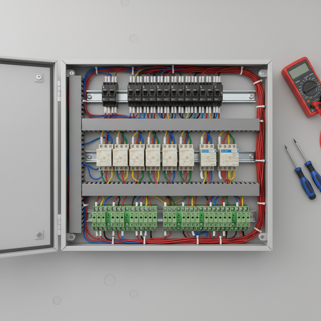 An overhead, photographic view of a meticulously arranged industrial electrical control panel interior with its metal door open flat. Inside, DIN rails hold rows of modular relays, circuit breakers, and terminal blocks, all connected by neatly bundled and color-coded wiring secured with cable ties and numbering sleeves. The panel is mounted against a neutral background work surface, with a few precision screwdrivers and a multimeter lying nearby, slightly out of focus. Soft, diffused studio lighting from above eliminates glare and creates subtle shadows that highlight the three-dimensional layout. The composition emphasizes order, craftsmanship, and professional engineering standards for complex industrial automation installations, with no people or visible brand logos.