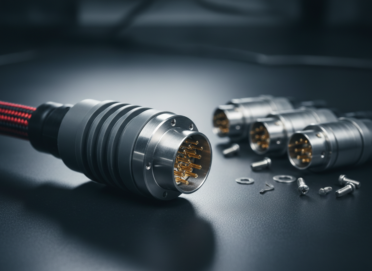 A detailed macro-style photographic image of an industrial-grade electrical connector assembly on a clean, dark workbench surface. The connector features precision-machined metal housing, gold-plated contact pins, and a rugged strain-relief clamp gripping a thick, shielded power cable. Nearby, a row of additional connectors and small fasteners lies slightly out of focus, suggesting a professional assembly process. Focused, cool-toned overhead task lighting creates sharp highlights along the metallic edges and subtle, crisp shadows that emphasize texture and quality. Captured from a low, close perspective with shallow depth of field, the mood is technical, meticulous, and high-end, showcasing the fine components that enable reliable electrical performance in demanding industrial environments.