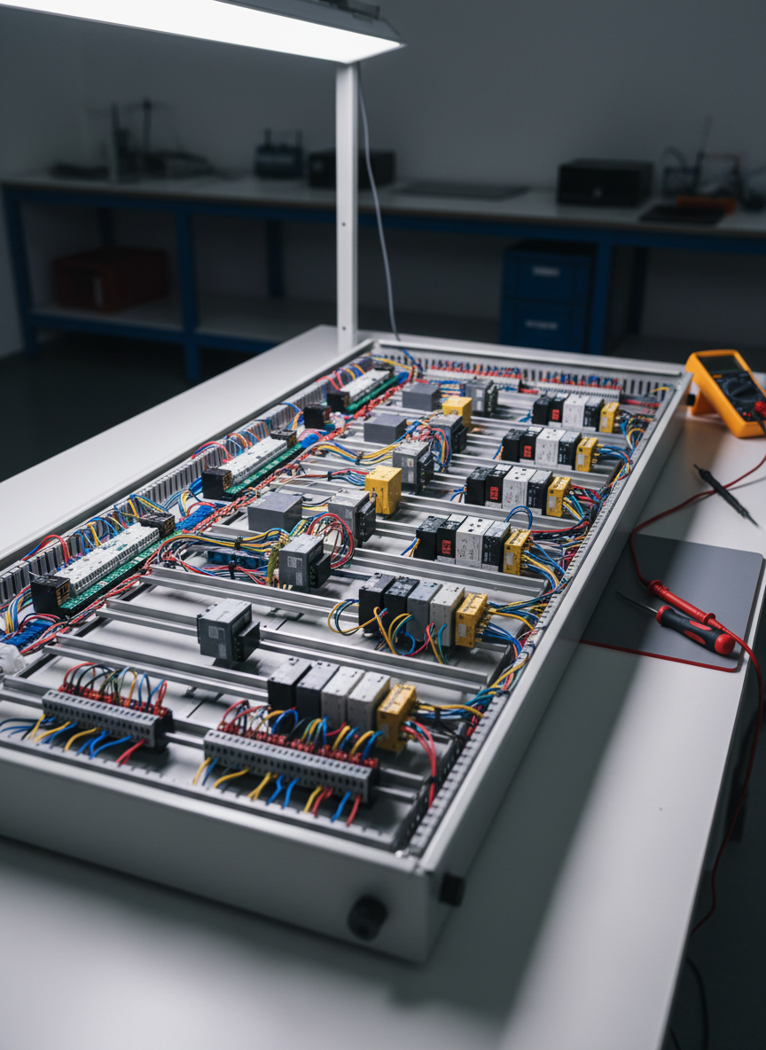 A photographic image of an industrial control panel interior open flat during engineering work, with DIN rails holding modular relays, breakers, and terminal blocks connected by neatly bundled color-coded wiring. Precision screwdrivers and a multimeter resting nearby, slightly out of focus. Soft diffused studio lighting emphasizing craftsmanship and professional engineering standards, no people or visible logos or text.
