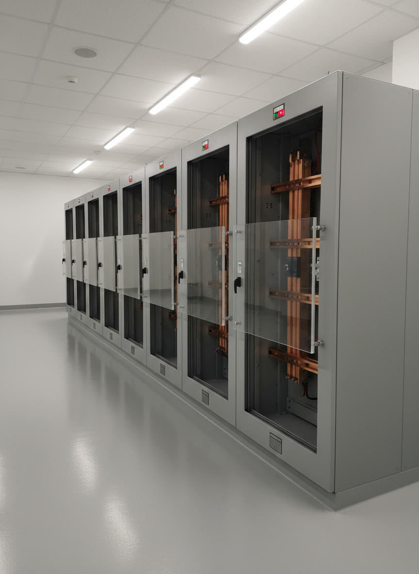 A photographic view of a row of high-voltage industrial switchgear and power distribution cabinets in a spotless modern power room. Rugged steel enclosures with labeled breaker compartments, copper busbars behind clear barriers, indicator lights, light grey epoxy flooring. Cool neutral overhead lighting, slightly angled perspective for depth and scale, sharp focus, engineering strength and reliability, no people or text.