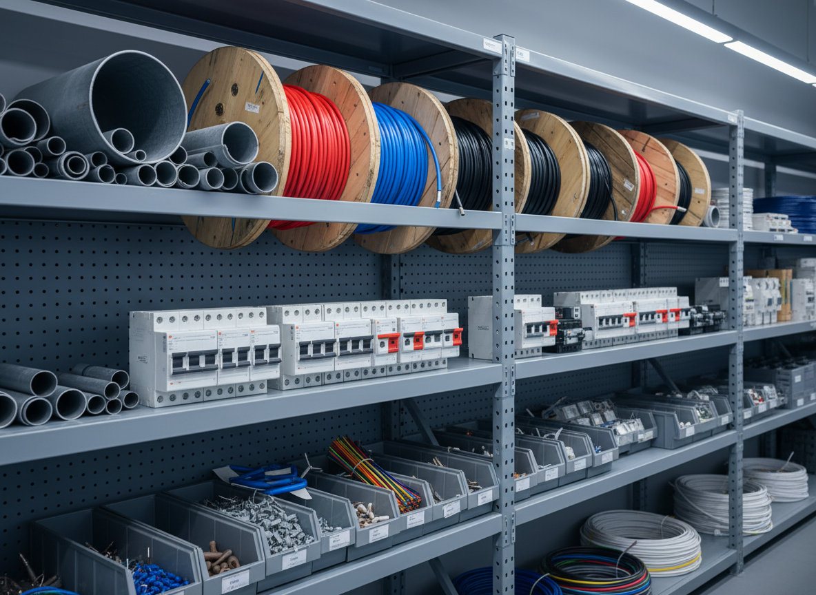 Organized industrial electrical supplies on warehouse shelving