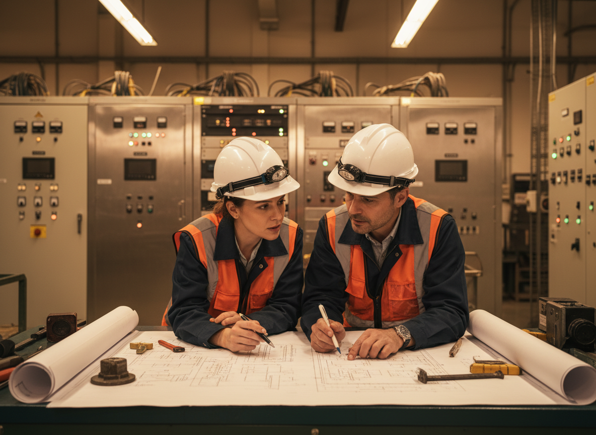 Professional electrical engineers reviewing schematics in industrial facility